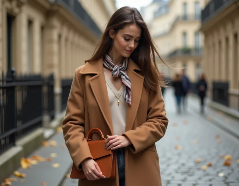 Femme élégante portant un sac en cuir structuré, une écharpe en soie et un manteau camel dans une rue pavée parisienne en automne