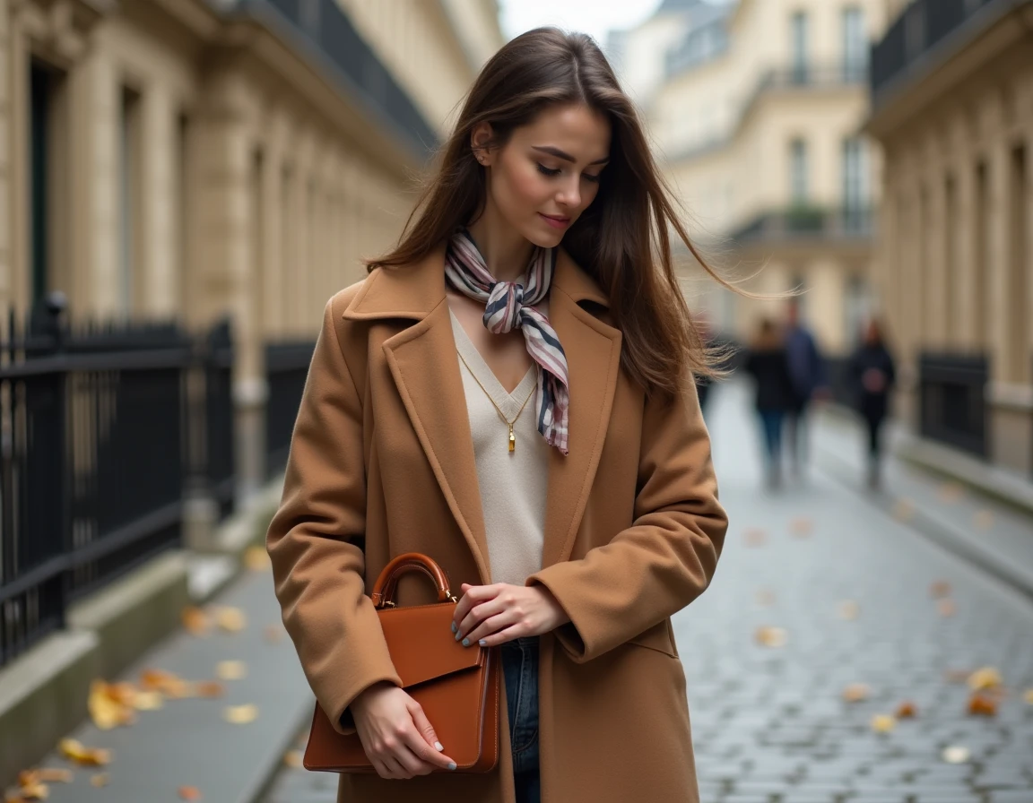 Femme élégante portant un sac en cuir structuré, une écharpe en soie et un manteau camel dans une rue pavée parisienne en automne