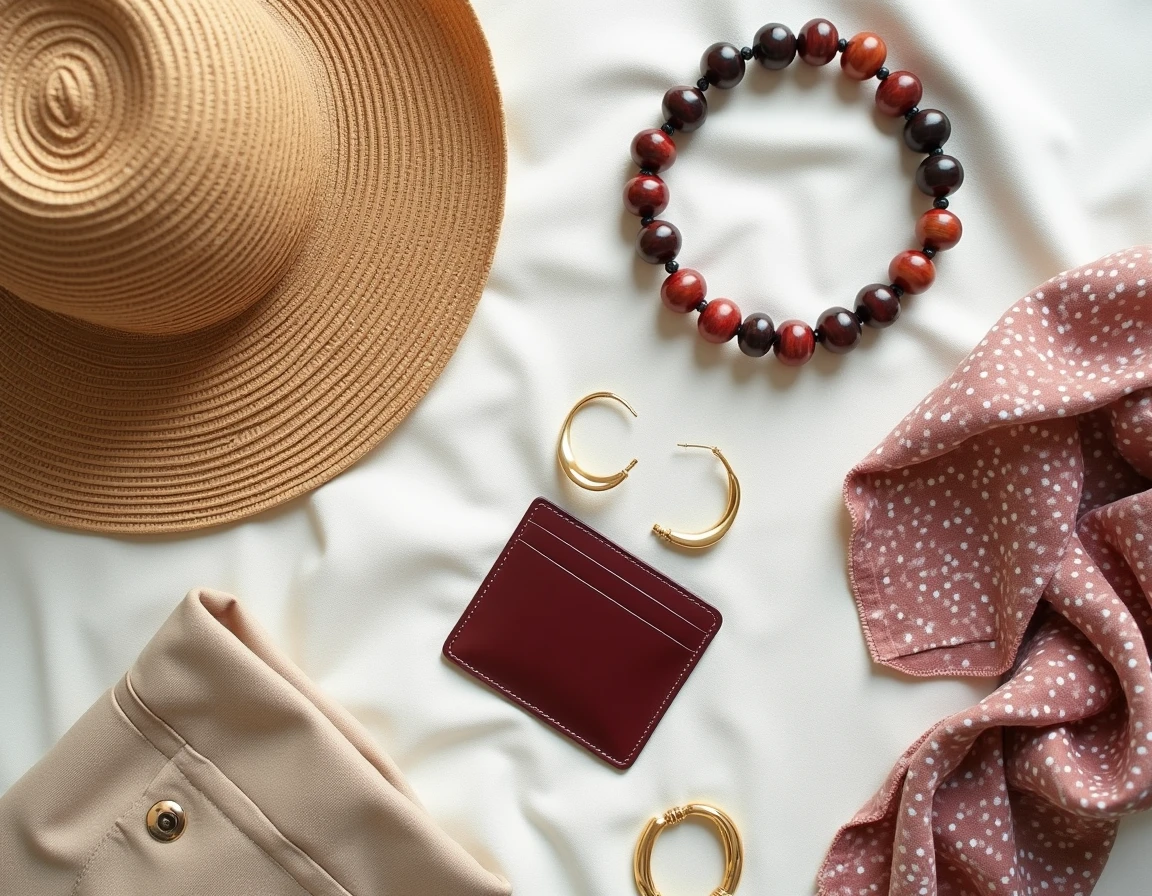 Flat lay d'accessoires de mode tendance incluant un chapeau en paille, un bracelet en perles, un porte-cartes en cuir bordeaux et des boucles d'oreilles en or sur fond de lin