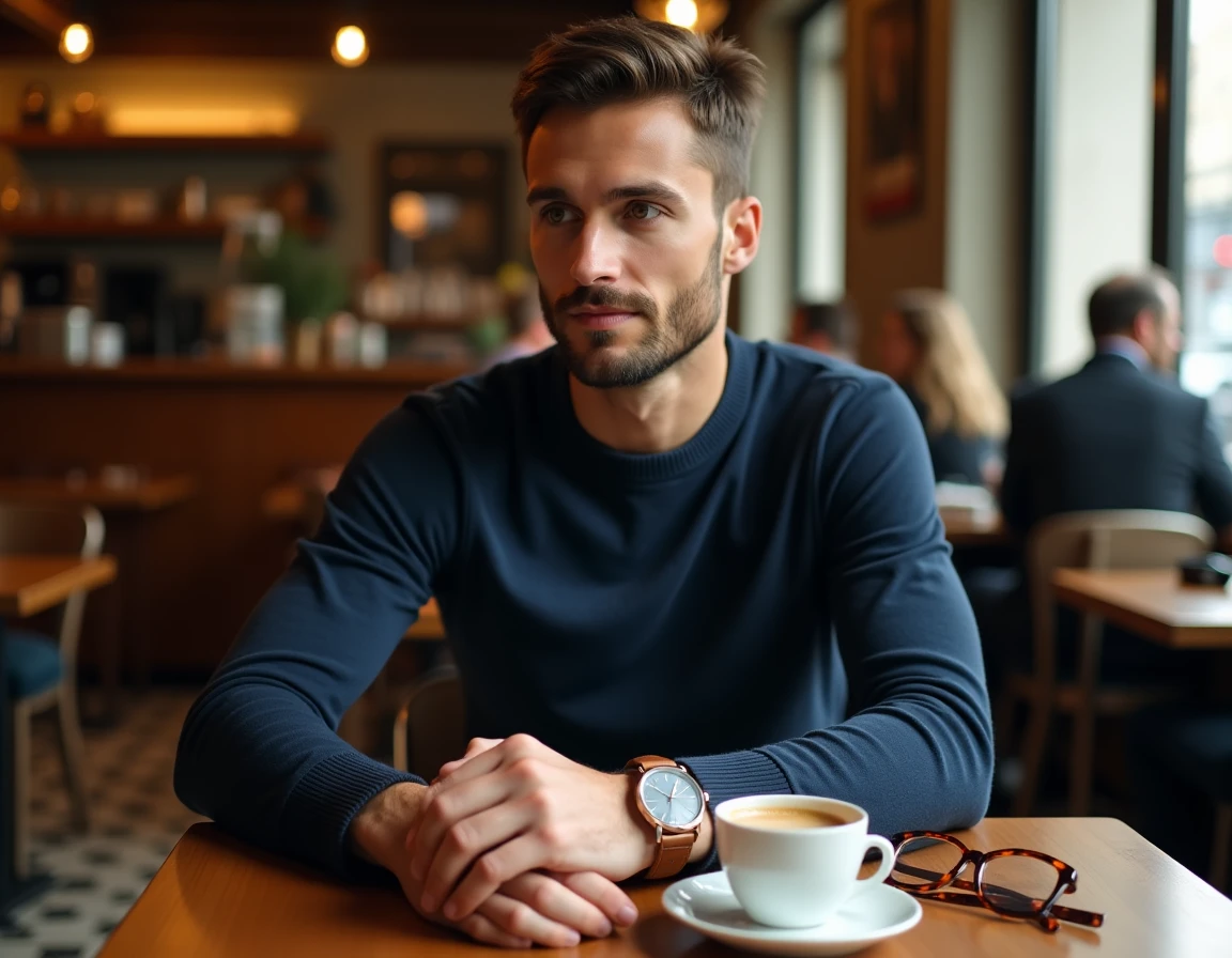 Homme élégant dans un café portant une montre classique en acier avec bracelet cuir et des lunettes à monture écaille de tortue posées sur une table en bois