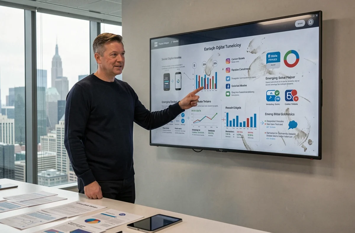 Homme présentant des tendances digitales et des statistiques web sur un grand écran interactif lors d'une réunion professionnelle