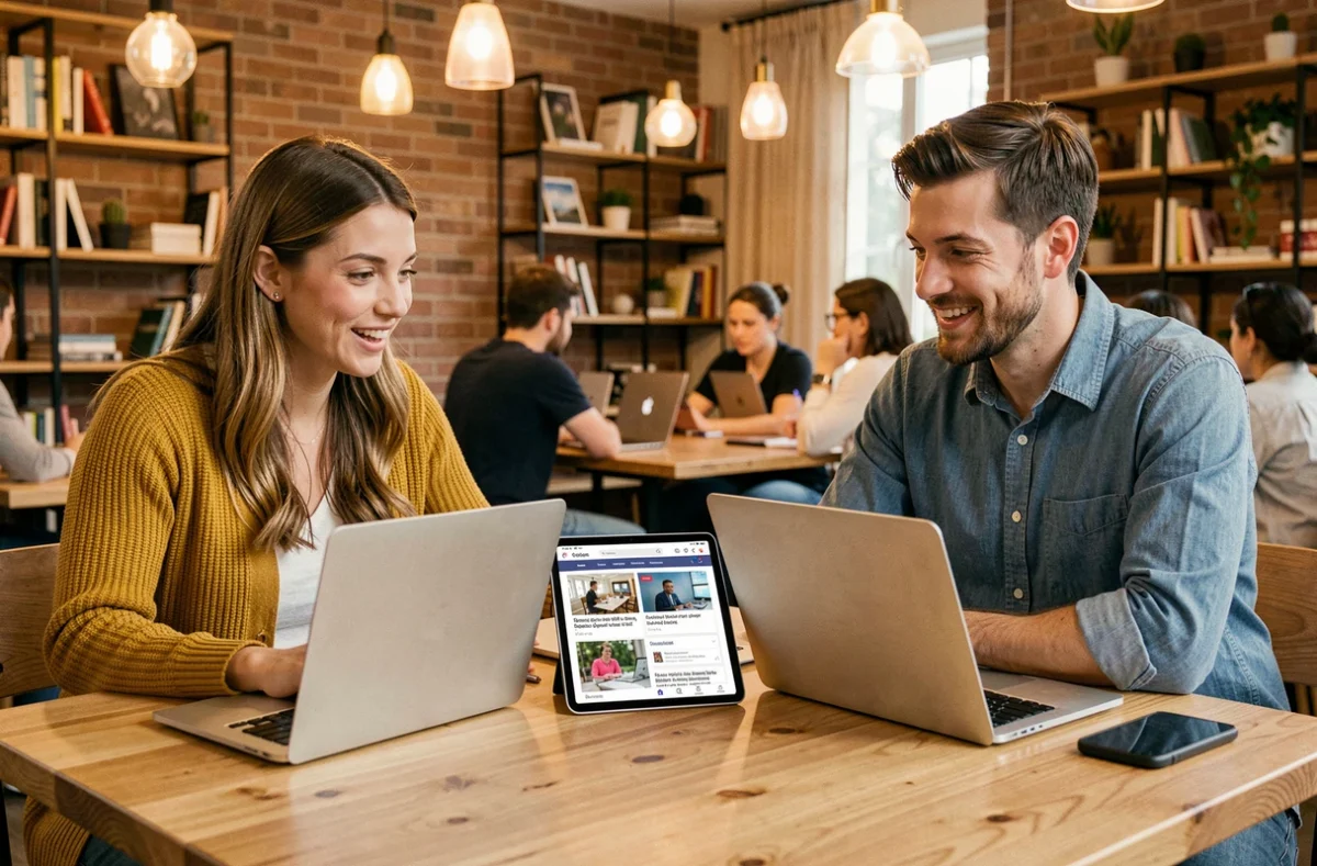 Deux jeunes professionnels discutant des dernières actualités du web et du digital dans un espace de co-working moderne