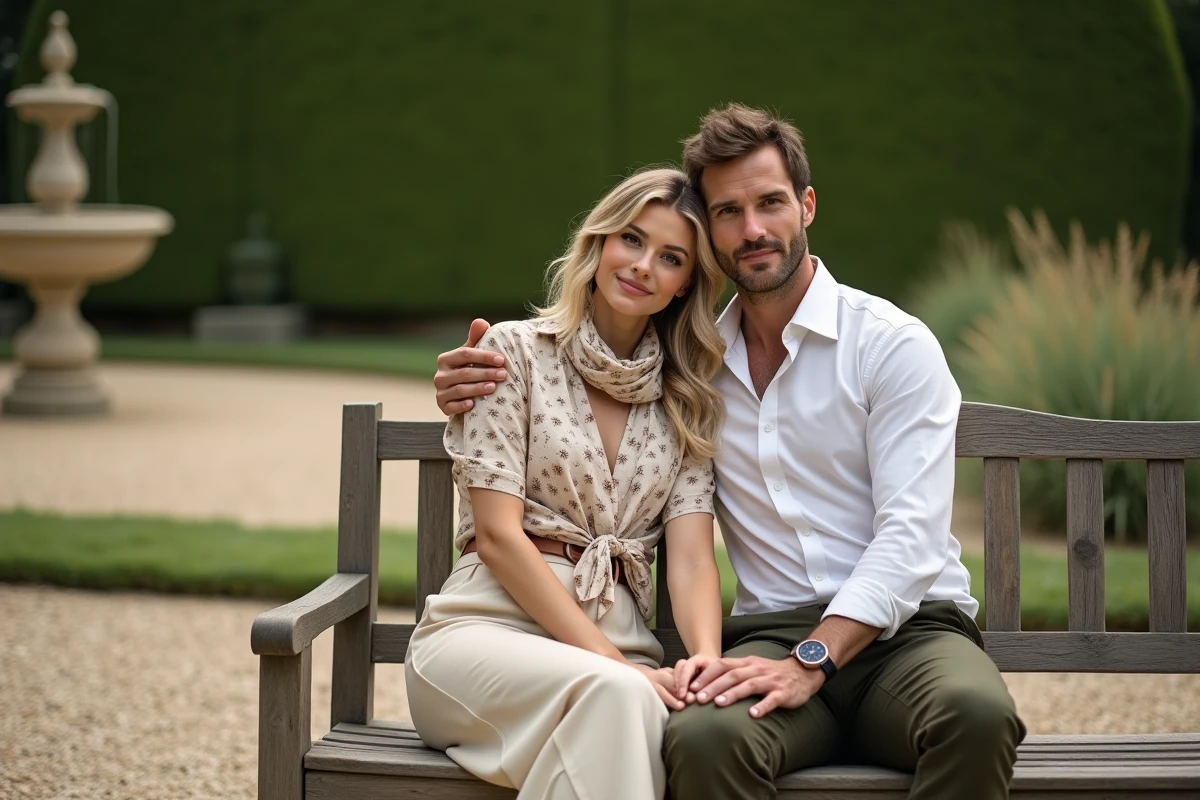 Alicia Dauby et son mari assis dans un jardin à la française, moment complice et tenues décontractées chic