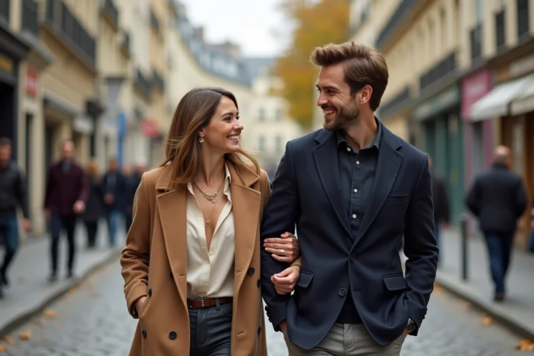 Alicia Dauby et son mari souriants en tenue élégante dans une rue pavée parisienne en automne