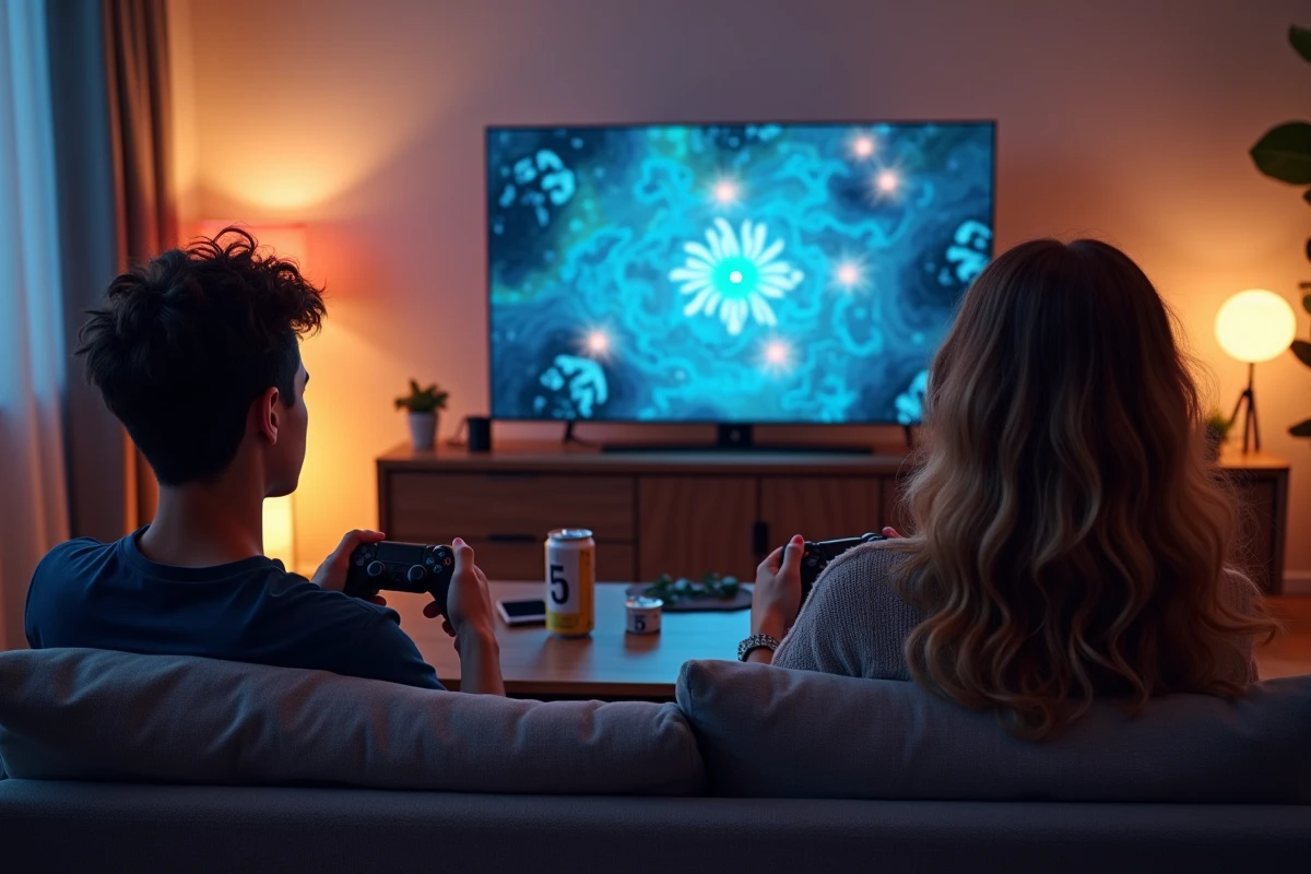 Deux amis jouant à Dofus ensemble dans un salon moderne en cherchant l'emplacement du pioute bleu sur la carte du jeu
