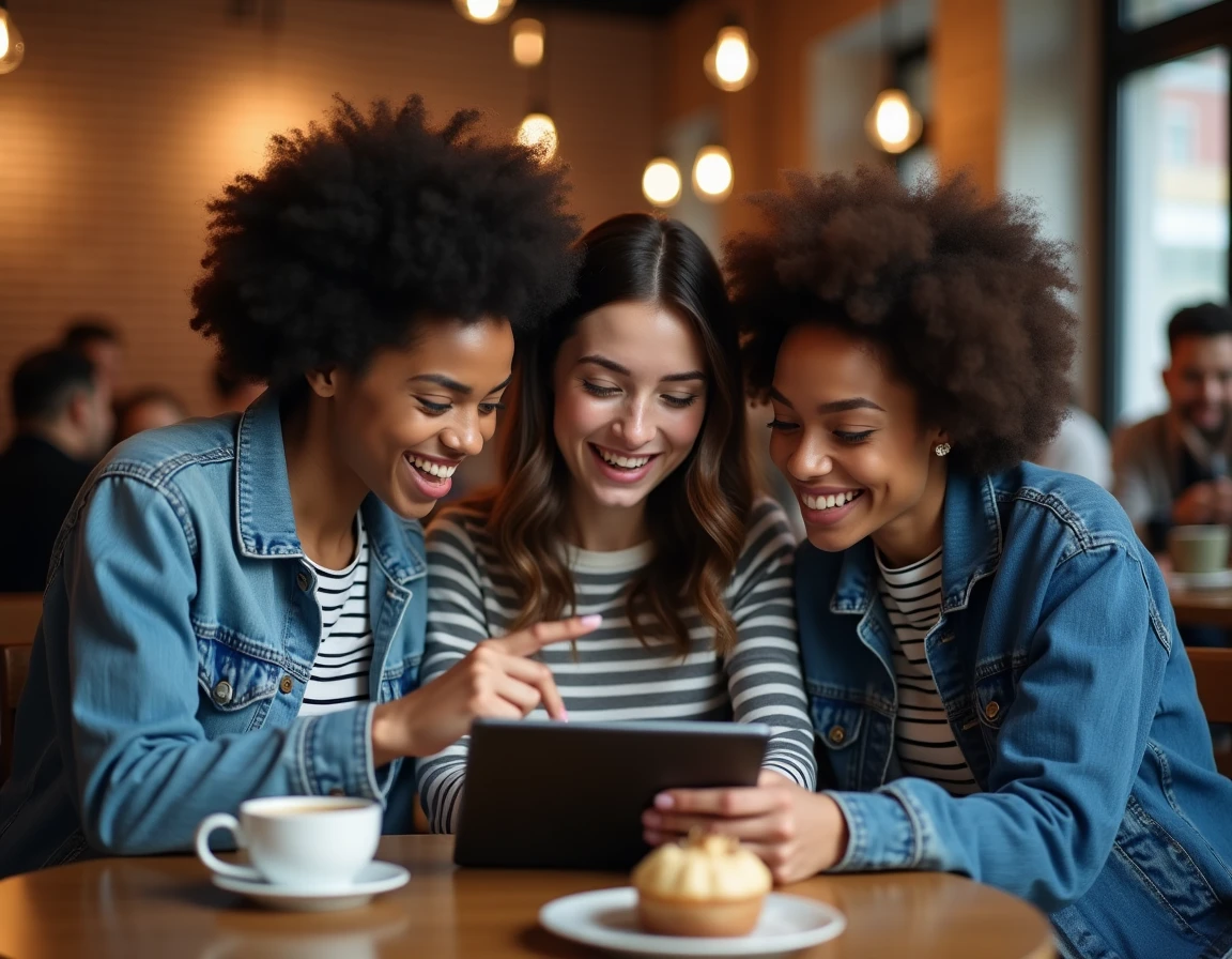 Groupe d'amis découvrant la nouvelle adresse sécurisée d'un site de films dans un café
