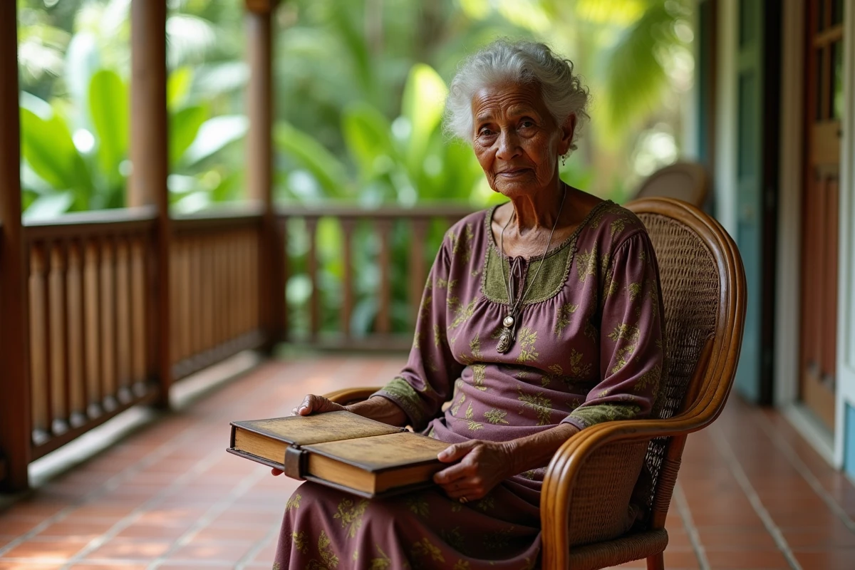 Femme âgée d'origine haïtienne feuilletant un album de photos de famille ancien sur une véranda entourée de végétation tropicale