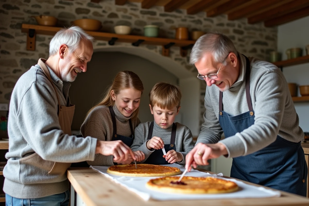 Famille préparant des crepes dans une cuisine bretonne chaleureuse