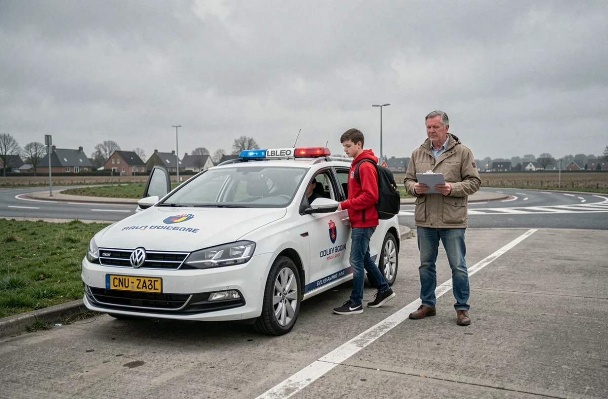 Jeune conducteur sortant d'une voiture d'auto-école avec un moniteur dans une ville belge