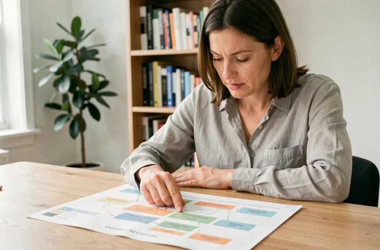 Auto-entrepreneuse étudiant un plan de site imprimé sur son bureau en bois dans un bureau à domicile moderne