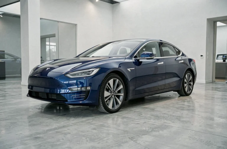 Nouvelle berline électrique exposée dans un showroom automobile moderne avec finition bleue métallique