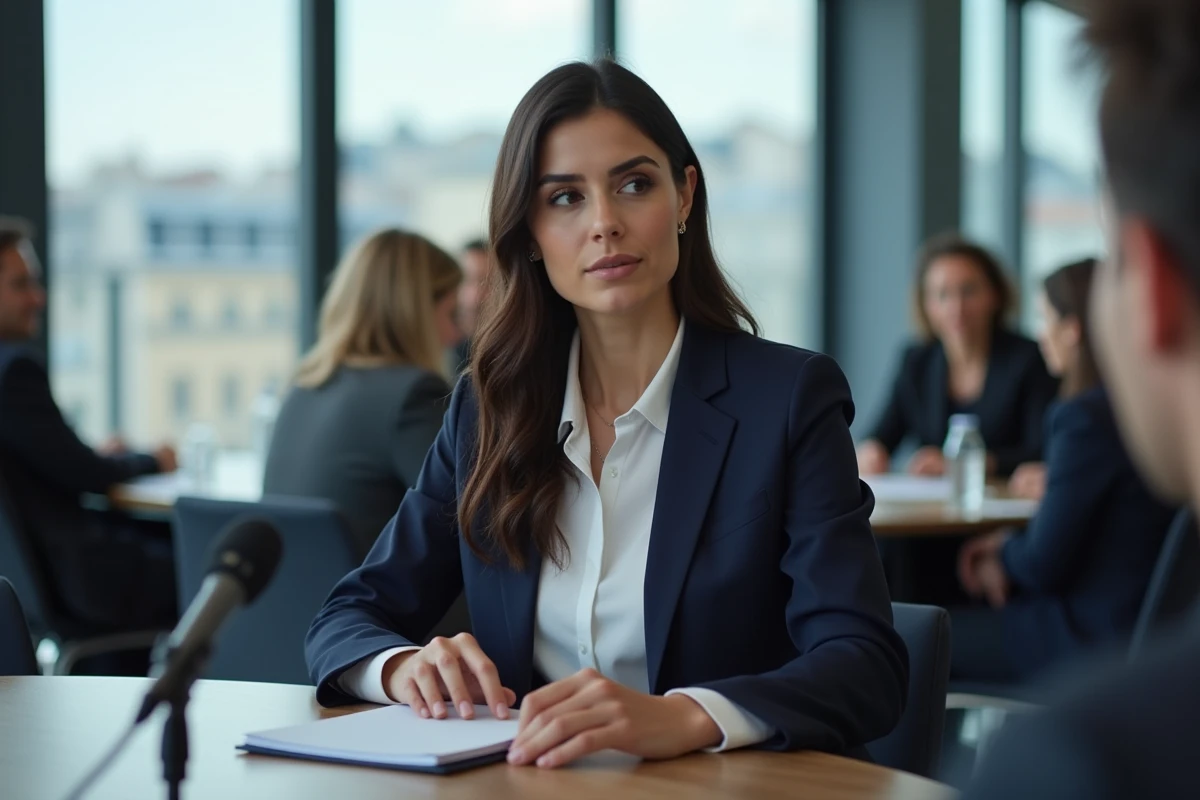 Femme élue plus belle femme de France lors d'une conférence de presse dans un cadre moderne et urbain