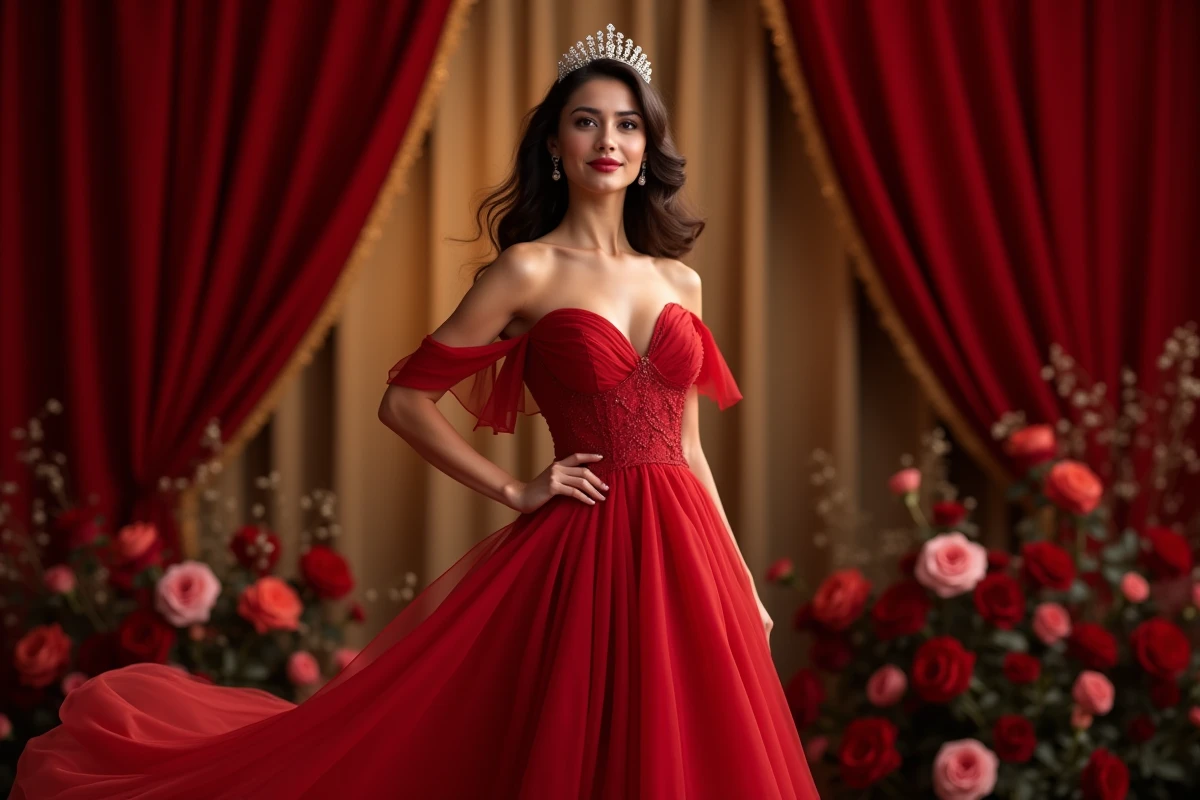 Femme couronnée sur scène en robe de soirée rouge lors d'un concours de beauté en France