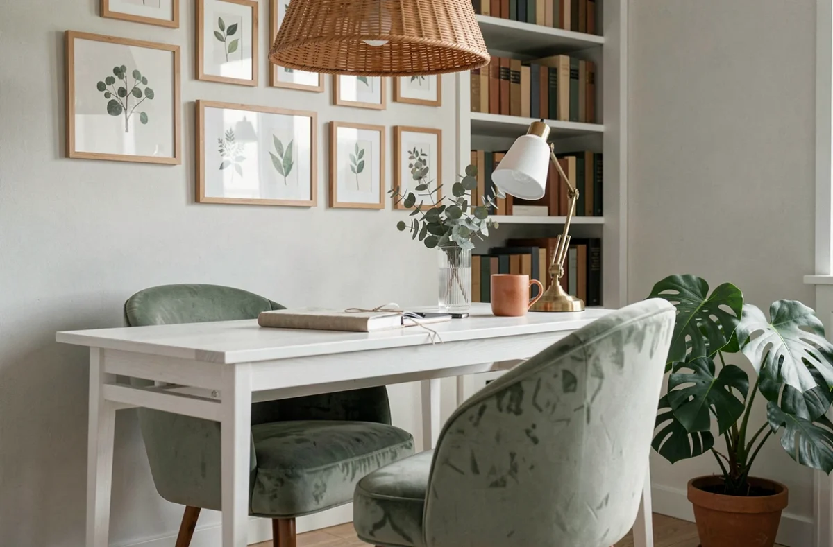 Bureau à domicile tendance 2024 avec fauteuil en velours vert sauge, mur de cadres botaniques et accessoires en laiton