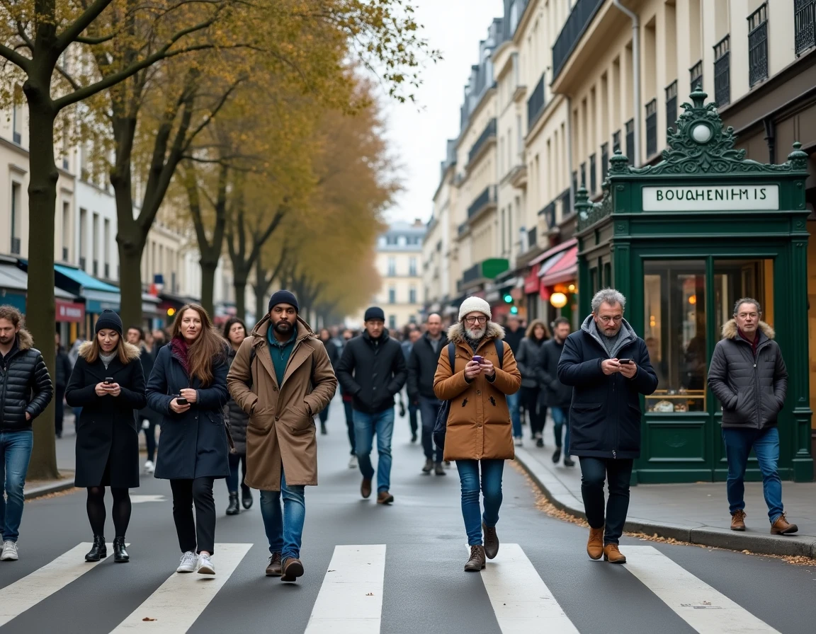 Carrefour parisien animé dans un quartier inclusif avec piétons diversifiés, entrée de métro et architecture haussmannienne typique