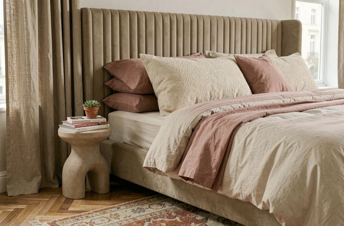Chambre tendance 2024 avec tête de lit en plâtre cannelé, literie en coton biologique et tapis marocain en laine terracotta