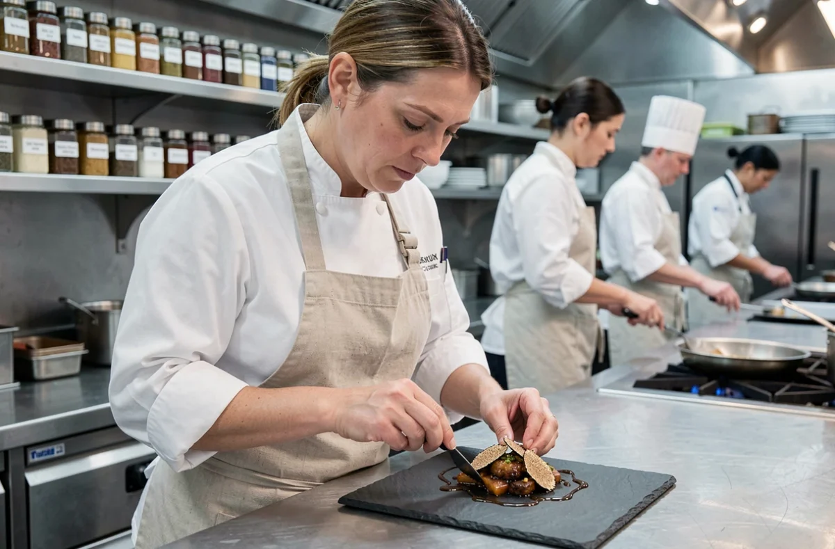 Cheffe cuisinière dressant une assiette gastronomique aux saveurs umami dans une cuisine ouverte moderne, tendances culinaires 2024