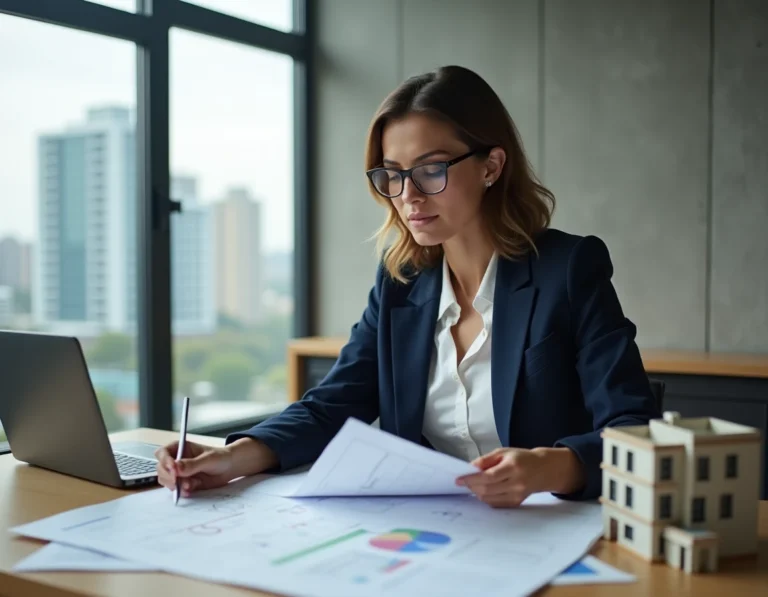 Femme professionnelle de l'immobilier analysant des plans et documents de propriété dans un bureau moderne avec vue sur la ville
