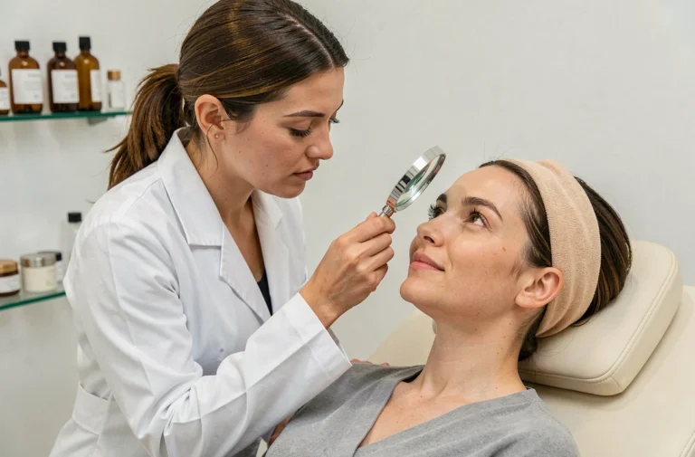 Cosmétologue en blouse blanche réalisant une consultation de soin de la peau avec une loupe dans un institut de beauté moderne