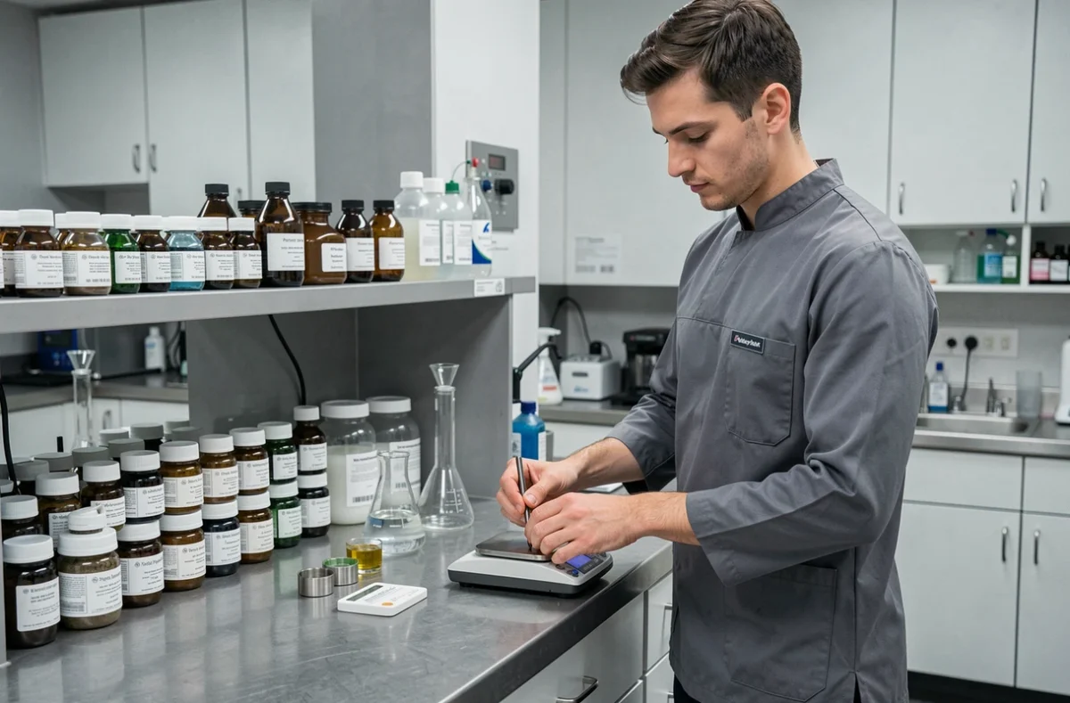 Cosmétologue masculin préparant une formulation cosmétique personnalisée dans un laboratoire de cosmétologie professionnel
