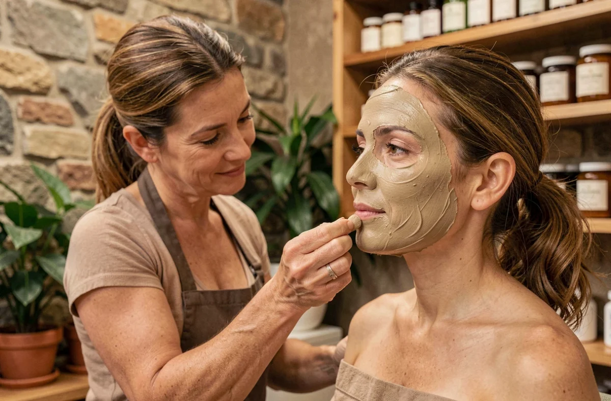 Cosmétologue appliquant un masque botanique sur une cliente dans un spa naturel aux murs en pierre et décor végétal
