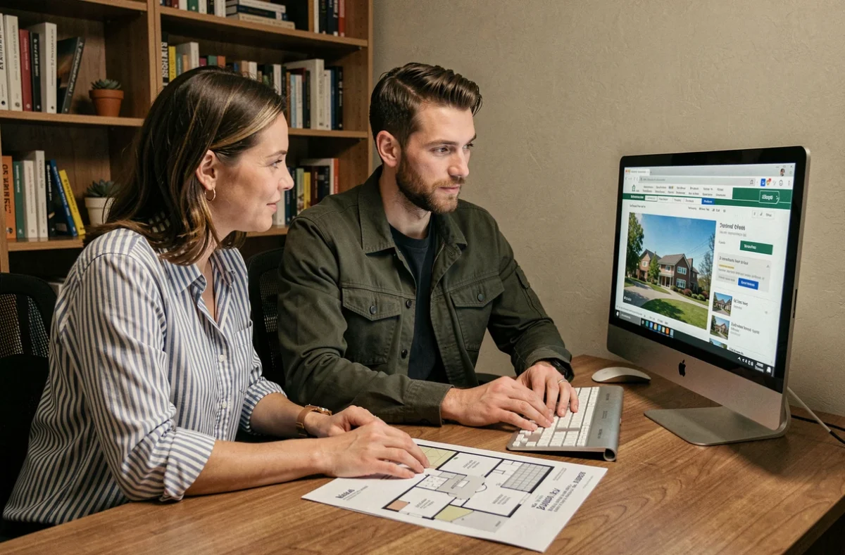 Couple comparant des annonces de location immobilière en ligne et sur papier dans un bureau à domicile