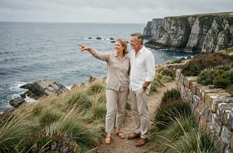 Couple découvrant les falaises de Bretagne lors de leur installation dans la région, vue sur le littoral atlantique
