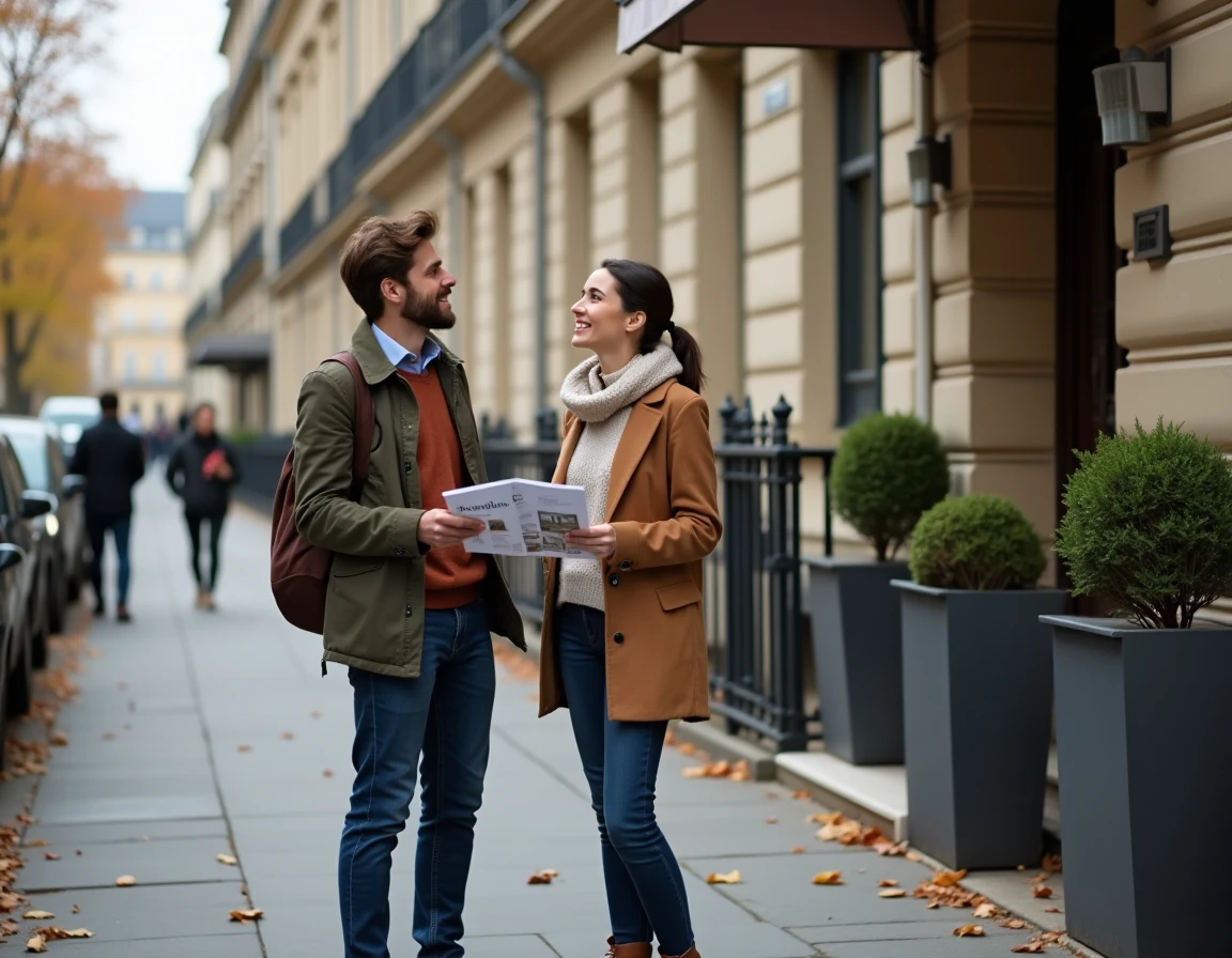 Couple visitant une façade d'immeuble haussmannien parisien lors d'une visite immobilière en automne