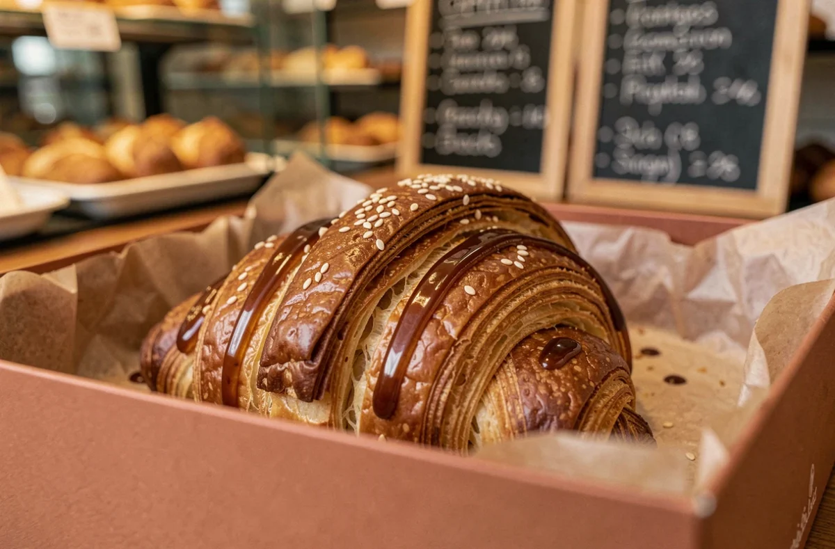 Croissant artisanal au caramel miso et sésame tendance 2024 dans une boîte terracotta de boulangerie parisienne