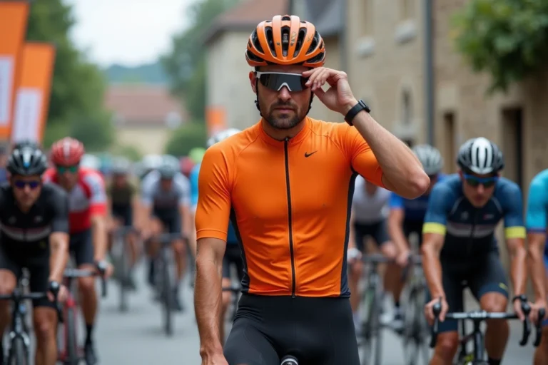 Cycliste amateur ajustant son casque au départ d'une course ouverte sans licence FFC, entouré d'autres participants sur une rue pavée française