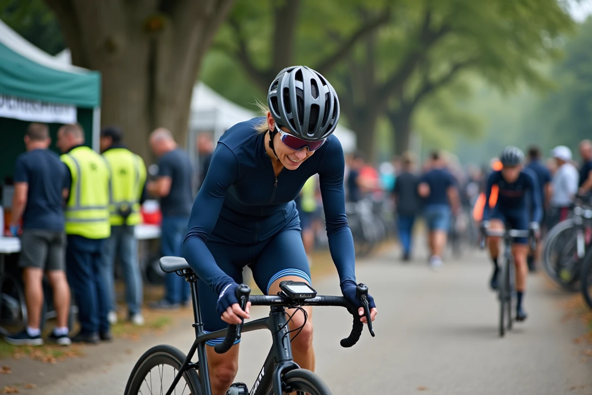 Cycliste féminine vérifiant son GPS avant une cyclosportive ouverte, devant un stand d'inscription sans licence club requis