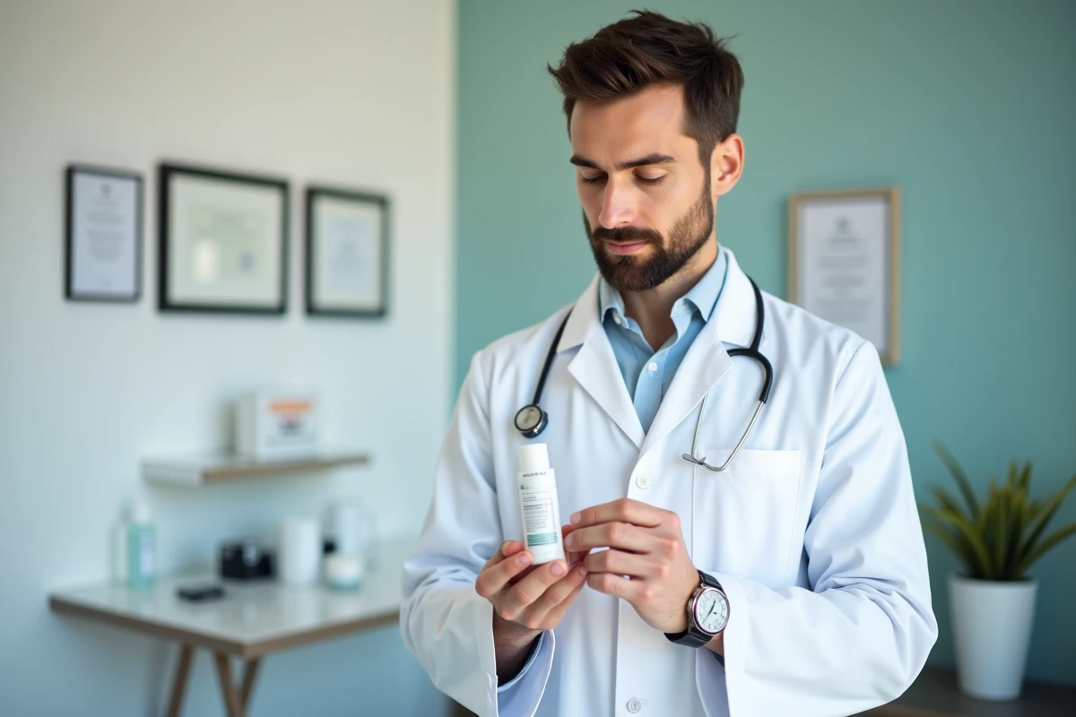 Dermatologue en blouse blanche examinant un tube de soin recommandé pour la peau dans un cabinet médical