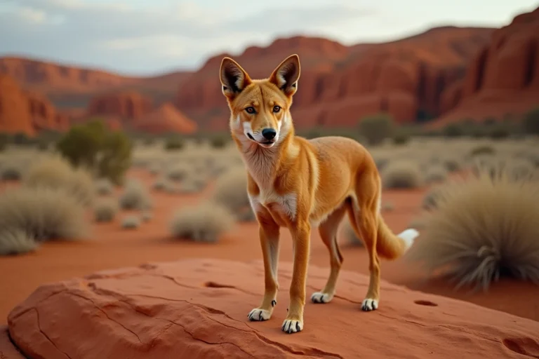 Dingo australien sauvage sur un affleurement rocheux rouge dans l'outback australien