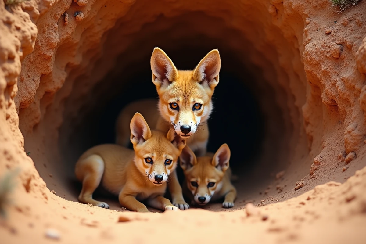 Femelle dingo avec ses petits à l'entrée d'un terrier en Australie centrale