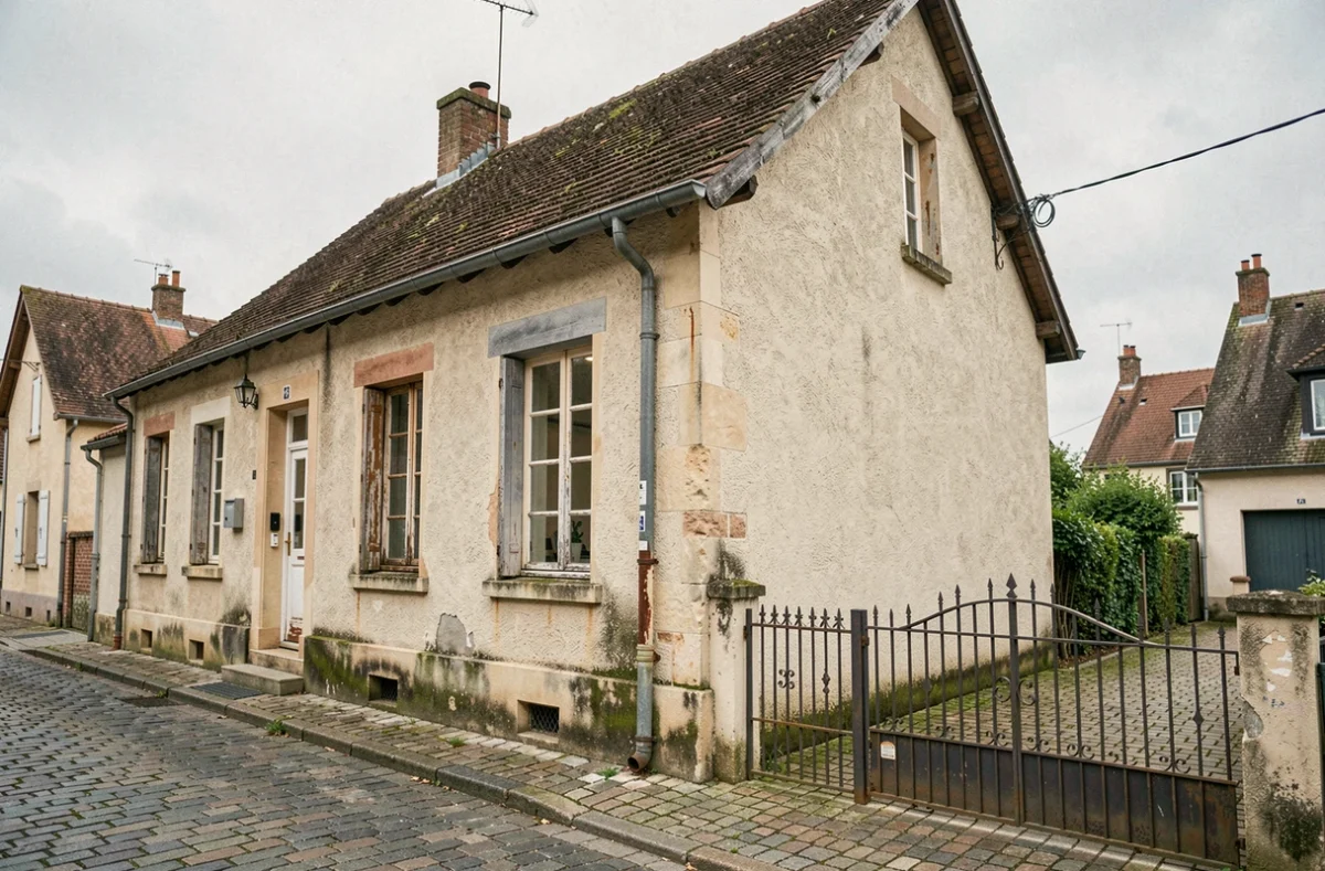 Façade d'une maison française typique des années 1930 en pierre et enduit avec toiture en tuiles et fenêtres à petits carreaux