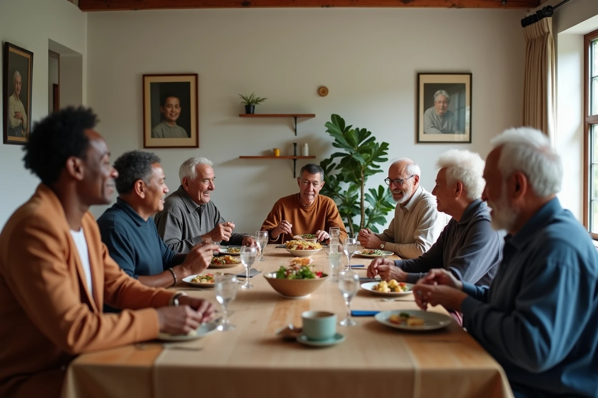 Famille multigénérationnelle aux origines haïtiennes et japonaises réunie autour d'un repas dans une maison chaleureuse ornée de portraits de famille