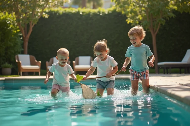 Famille joyeuse nettoyant la piscine en été dans le jardin