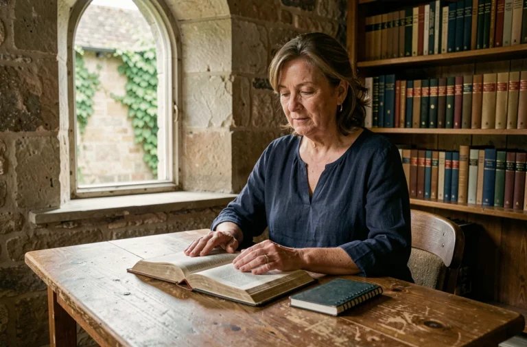 Femme chrétienne lisant la Bible dans une salle d'étude d'église ancienne, atmosphère contemplative et spirituelle