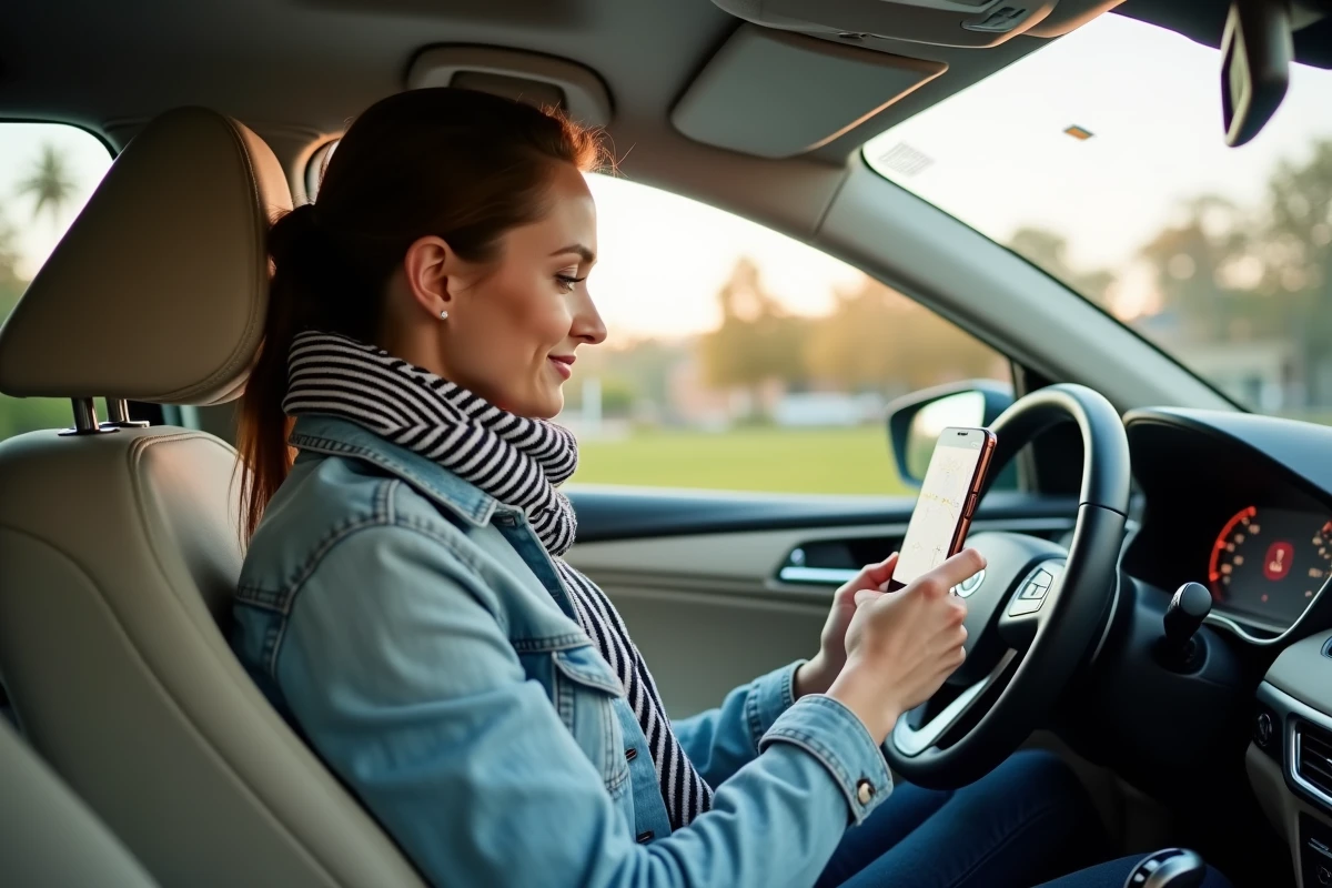 Jeune femme utilisant une application de covoiturage dans une voiture partagée pour optimiser ses déplacements quotidiens