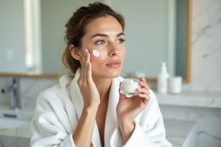 Femme appliquant une crème hydratante recommandée par les dermatologues sur son visage dans une salle de bain moderne