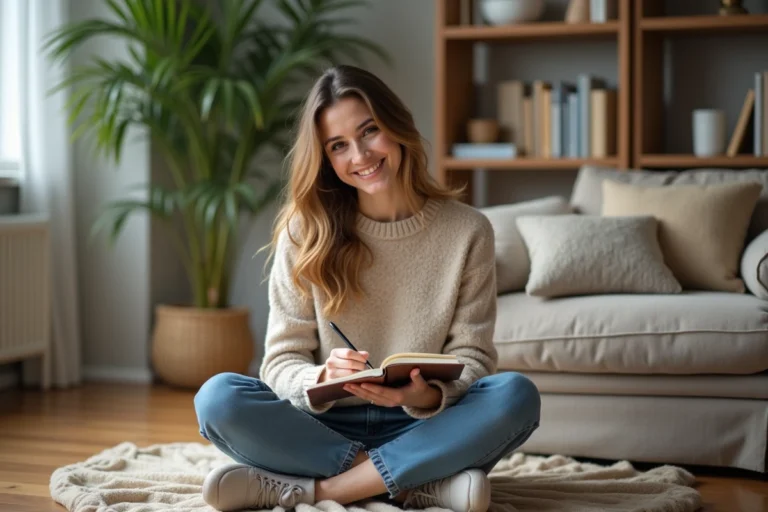 Femme souriante en train de journaliser à la maison