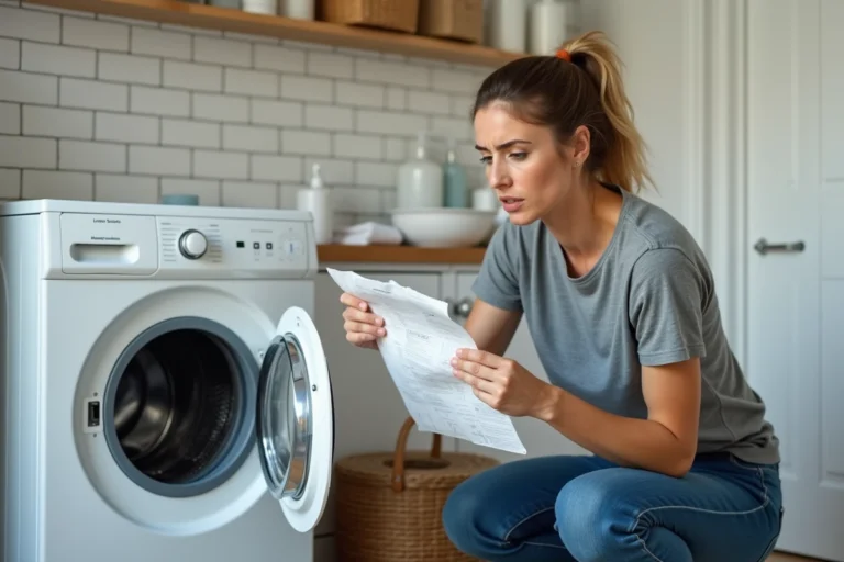 Femme consultant une notice froissée de machine à laver dans une buanderie moderne
