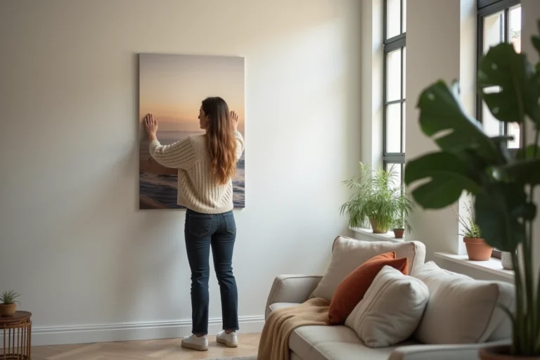 Femme alignant un grand canvas photo dans un salon cosy