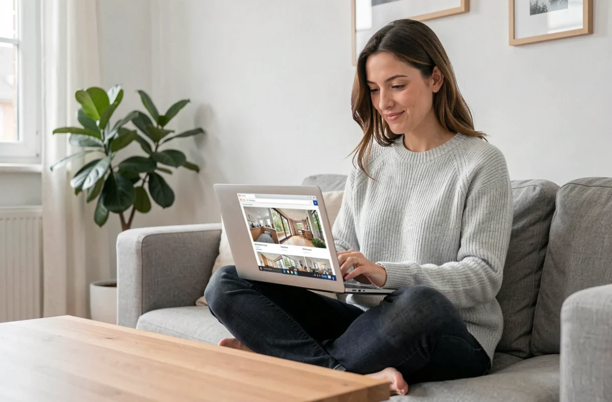 Femme cherchant une location immobilière en ligne sur son ordinateur portable depuis son salon moderne