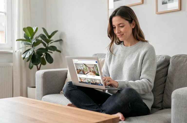 Femme cherchant une location immobilière en ligne sur son ordinateur portable depuis son salon moderne