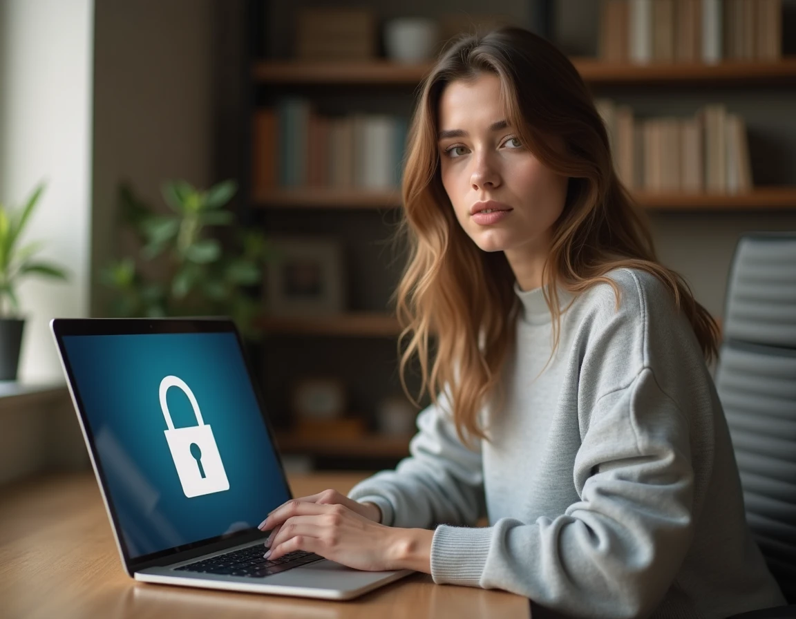 Femme naviguant sur un site de streaming sécurisé depuis son bureau à domicile en 2026