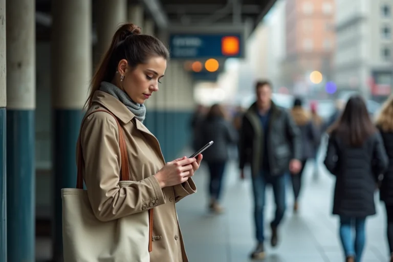 Femme consultant son smartphone à l'entrée d'une station de métro pour choisir son transport quotidien en ville
