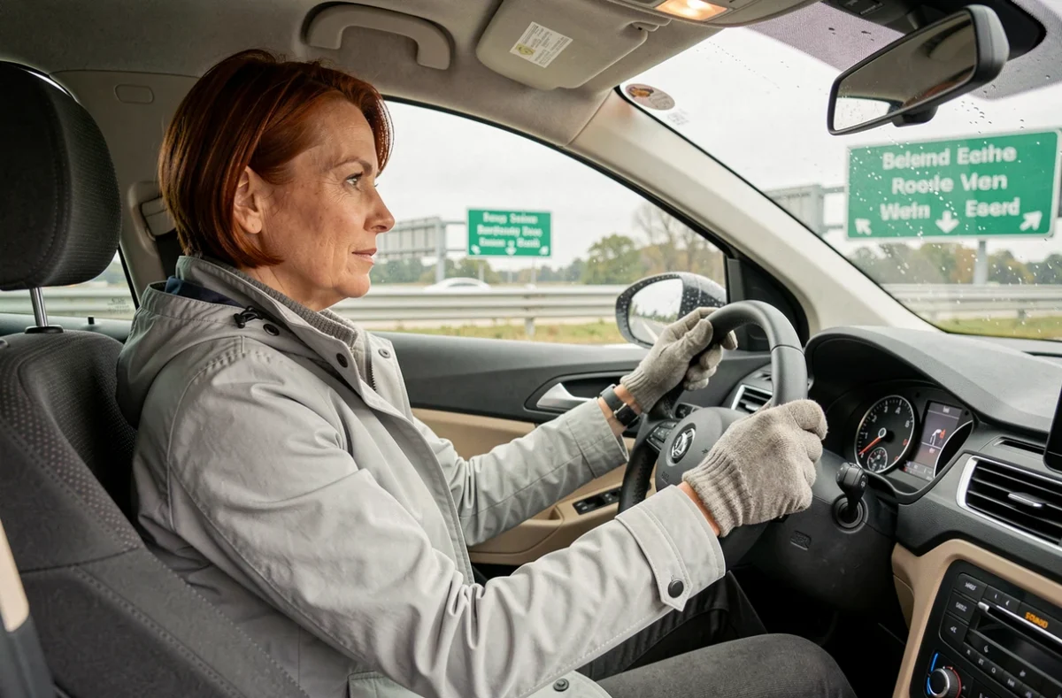 Femme concentrée au volant d'une voiture sur une autoroute belge