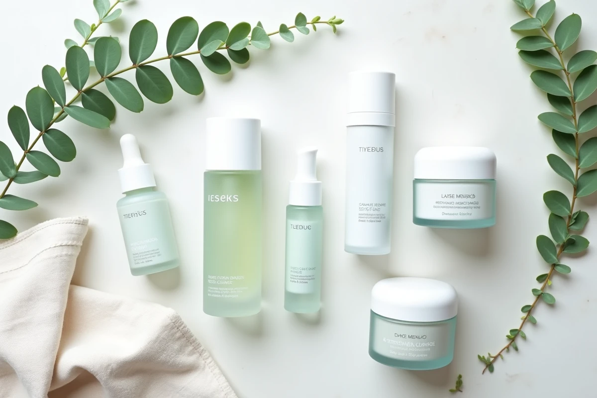 Flatlay de produits de soin recommandés par les dermatologues pour une peau saine sur fond blanc avec accessoires naturels