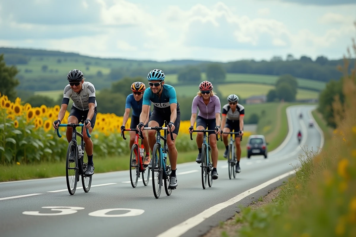 Groupe de cyclistes amateurs en peloton sur route de campagne française lors d'une randonnée cycliste ouverte à tous sans licence